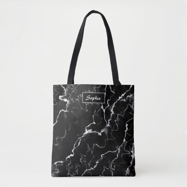 Faux Black Marble Texture Look With Custom Name Tote Bag (Front)