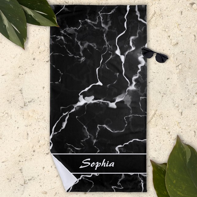 Faux Black Marble Texture Look With Custom Text Beach Towel (Creator Uploaded)