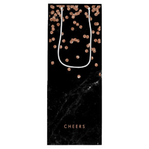 Faux Black Marble with Faux Rose Gold Confetti Wine Gift Bag