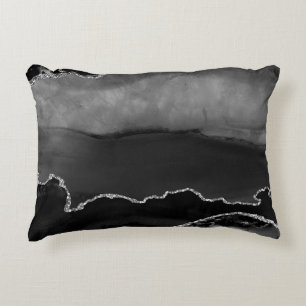 Faux Black Marbled Agate Elegant Silver Glitter Accent Pillow