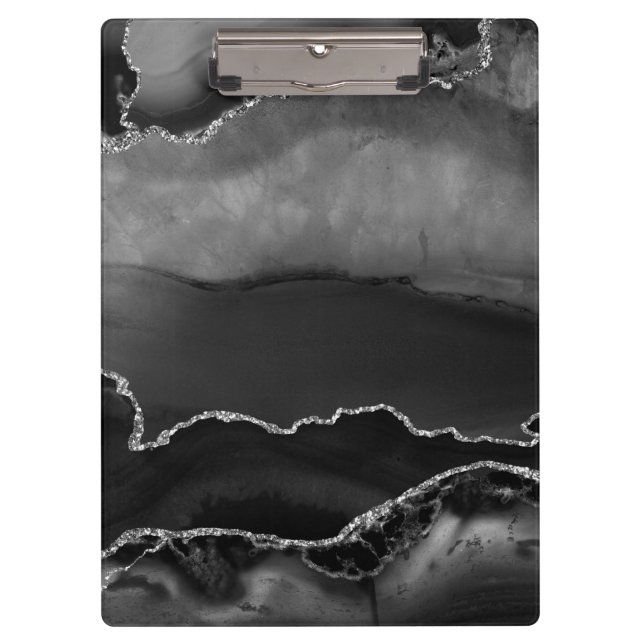 Faux Black Marbled Agate Elegant Silver Glitter Clipboard (Front)