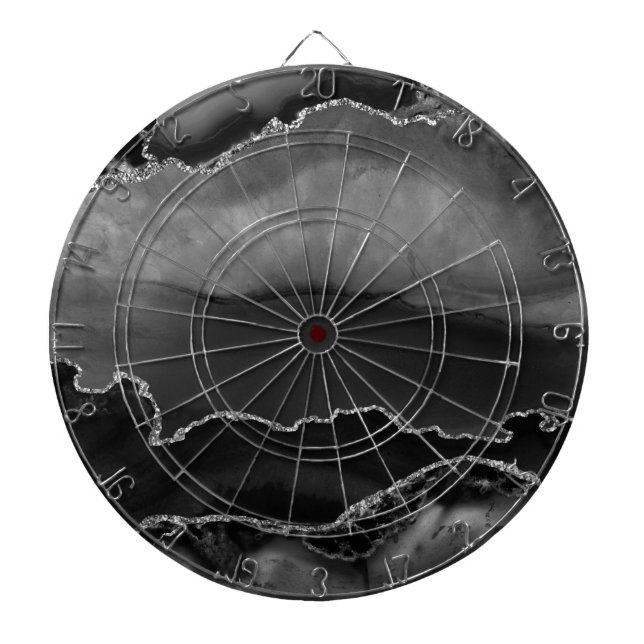 Faux Black Marbled Agate Elegant Silver Glitter Dartboard (Front)