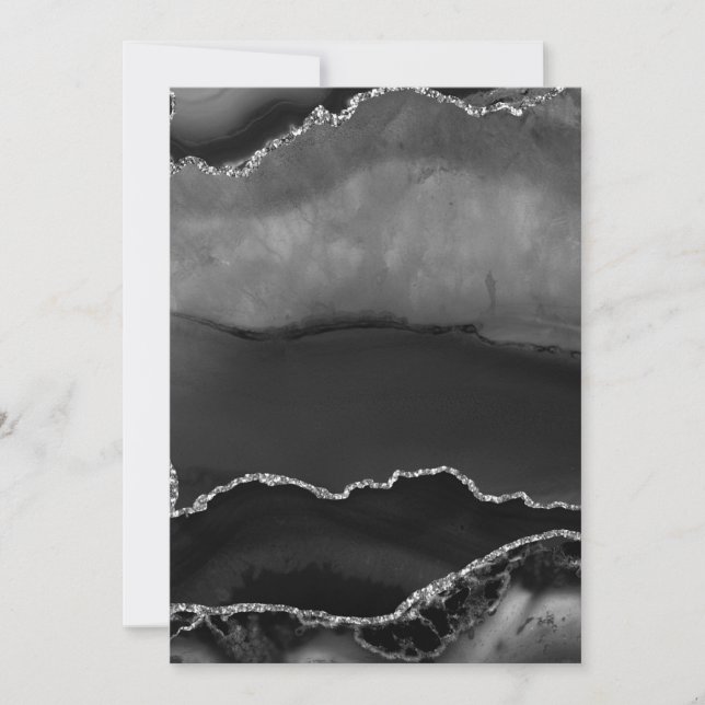 Faux Black Marbled Agate Elegant Silver Glitter Invitation (Front)