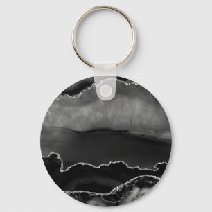 Faux Black Marbled Agate Elegant Silver Glitter Keychain