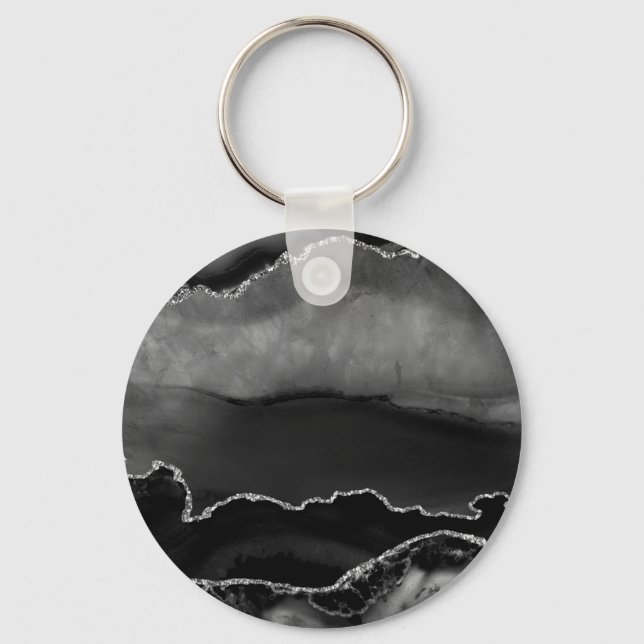 Faux Black Marbled Agate Elegant Silver Glitter Keychain (Front)