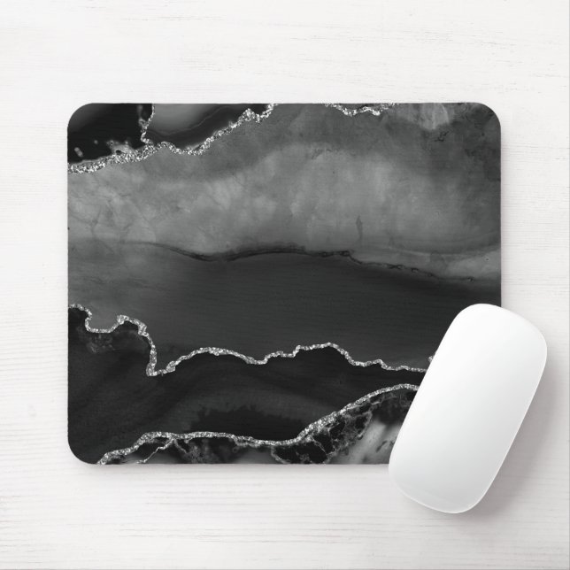 Faux Black Marbled Agate Elegant Silver Glitter Mouse Pad (With Mouse)