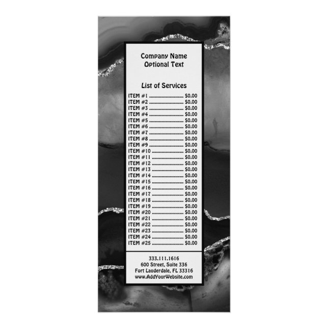 Faux Black Marbled Agate Elegant Silver Glitter Rack Card (Front)