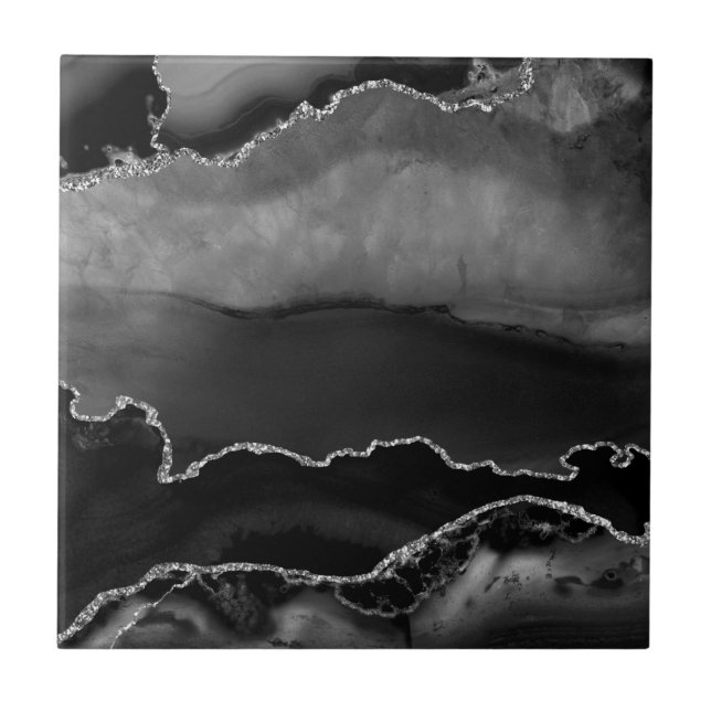 Faux Black Marbled Agate Elegant Silver Glitter Tile (Front)