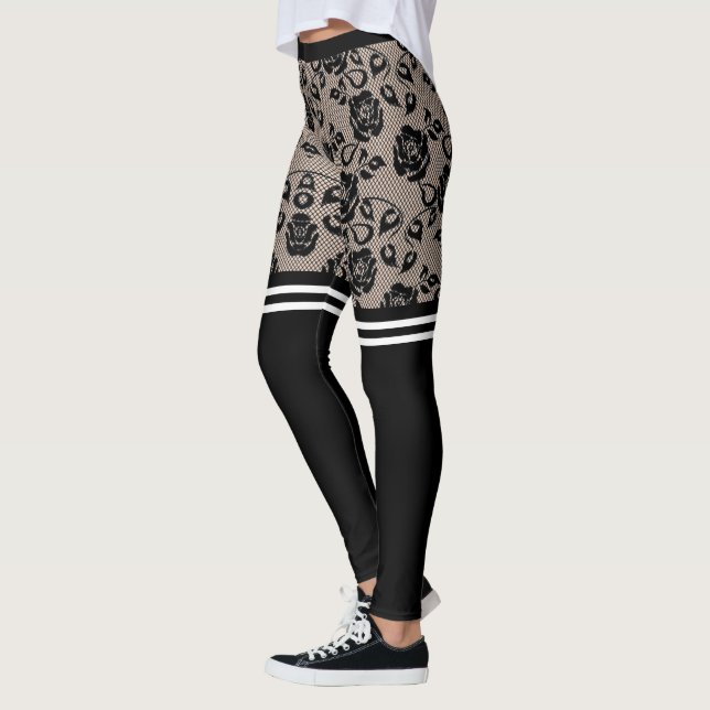 Faux Black Rose dentelle pêcheur Legging Chaussett (Gauche)