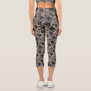 Faux Black Roses Lace Fishnet - Romantic Elegant Capri Leggings