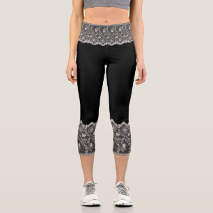 Faux Black Roses Lace Fishnet - Romantic Elegant  Capri Leggings