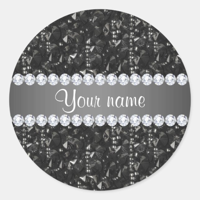 Faux Black Sequins and Diamonds Classic Round Sticker (Front)