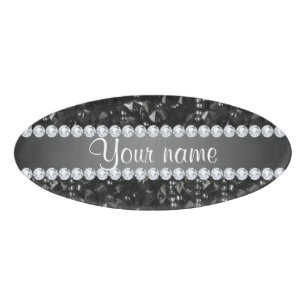 Faux Black Sequins and Diamonds Name Tag