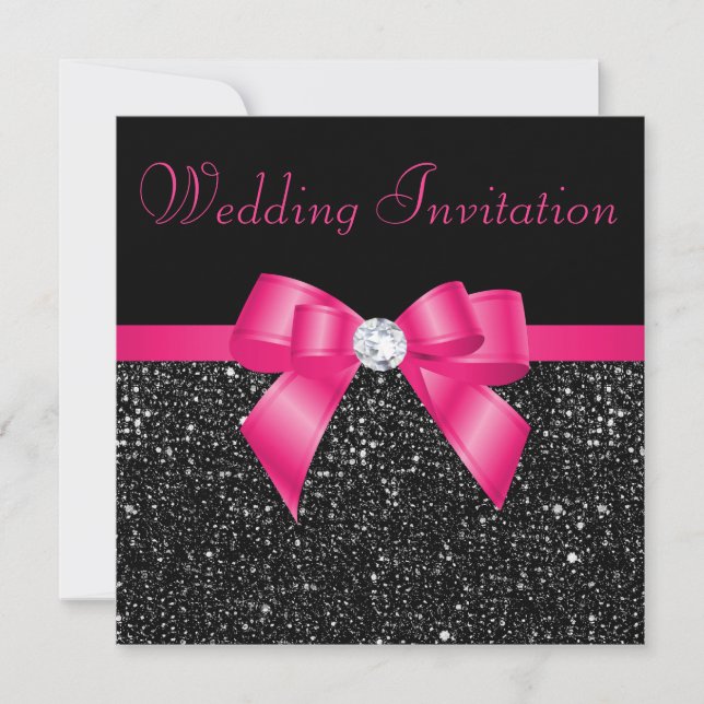Faux Black Sequins and Hot Pink Bow Wedding Invitation (Front)