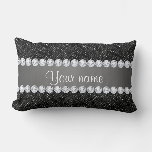Faux Black Sequins Sparkles and Diamonds Lumbar Pillow (Front)