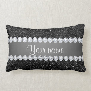 Faux Black Sequins Sparkles and Diamonds Lumbar Pillow
