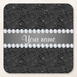 Faux Black Sequins Sparkles and Diamonds Square Paper Coaster