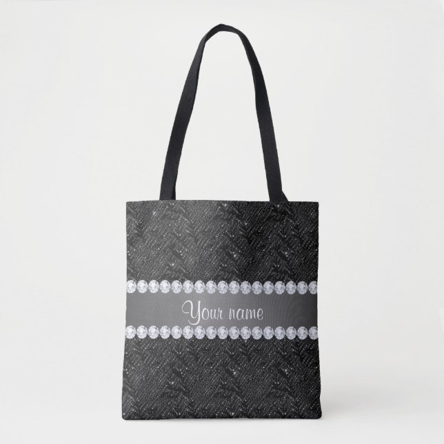 Faux Black Sequins Sparkles and Diamonds Tote Bag (Front)