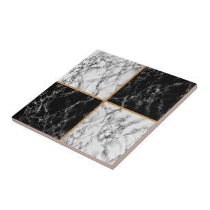 Faux Black White Check Marble Ceramic Tile