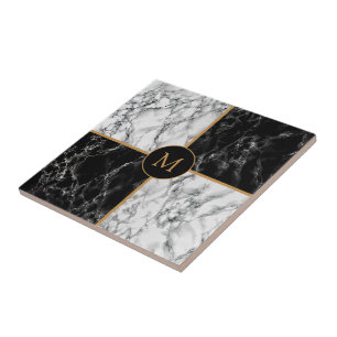 Faux Black White Check Marble Monogram Special Tile