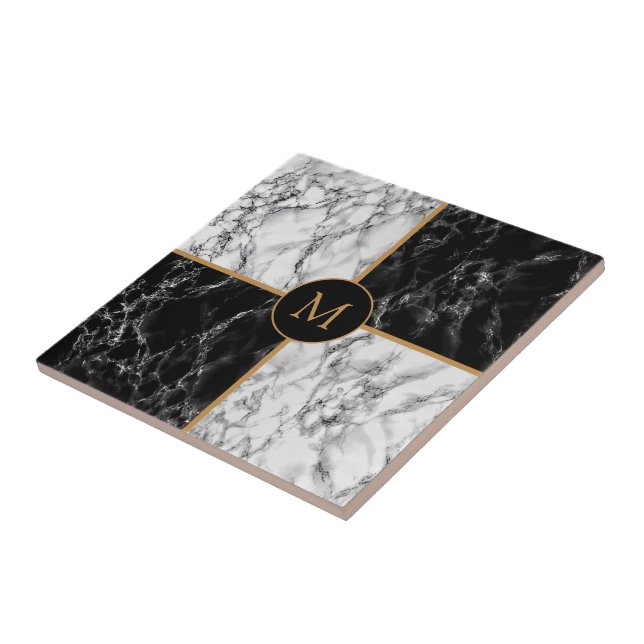 Faux Black White Check Marble Monogram Special Tile (Side)