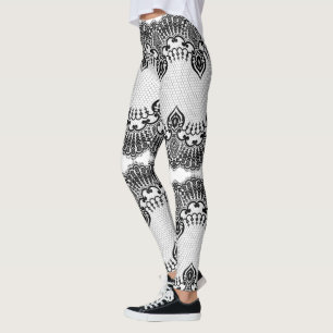 Faux Black White Lace Fishnets Floral Ornaments Leggings
