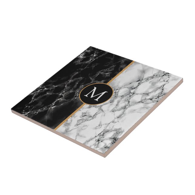 Faux Black White Marble Ceramic Tile - Monogram (Side)