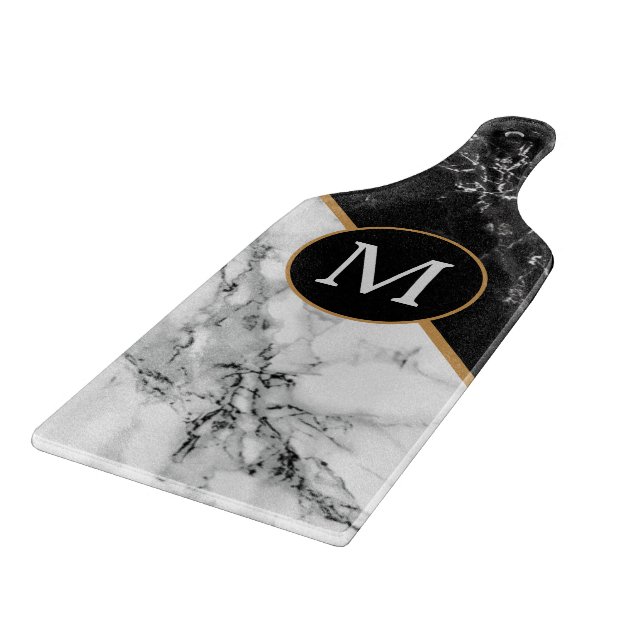 Faux Black White Marble Cutting Board Your Letter (Corner)