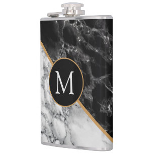 Faux Black White Marble Flask Personalized Letter