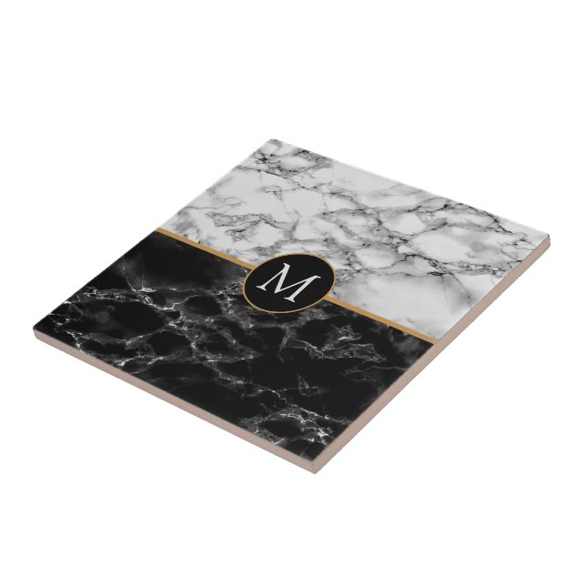 Faux Black White Marble Monogram Letter Tile (Side)