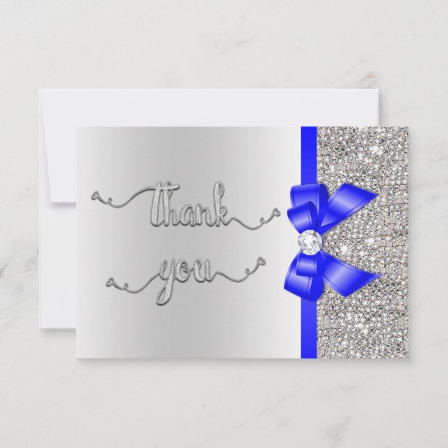 Faux Blue Bow Silver Sequins Thank You Wedding Card (Front)