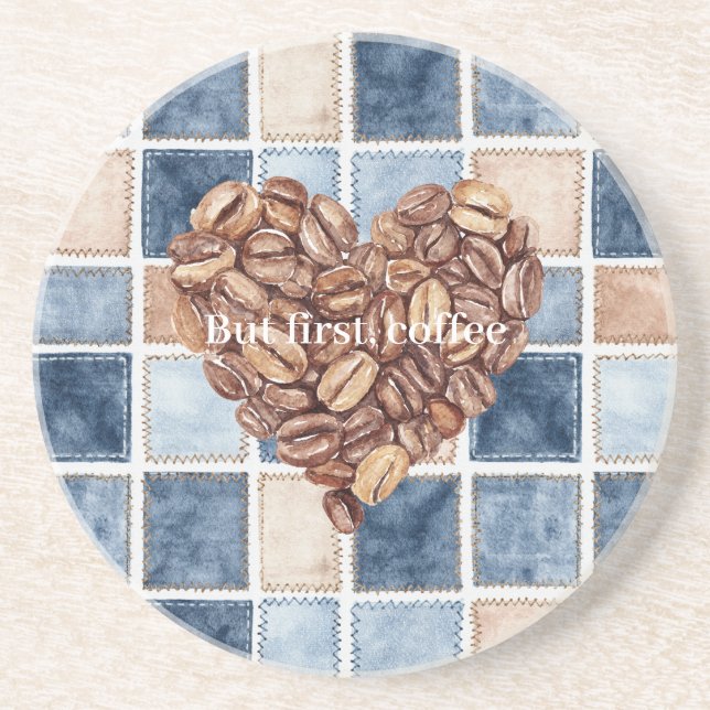 Faux Blue Denim Cream First Coffee Beans Heart Coaster (Front)