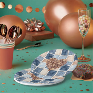 Faux Blue Denim Cream First Coffee Beans Heart Paper Plate