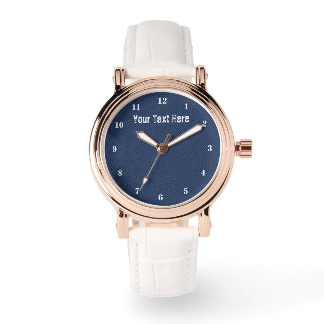 Faux Blue Denim Fabric Watch with Custom Text (Front)