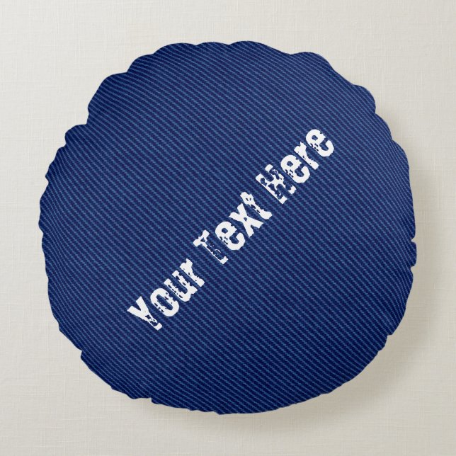 Faux Blue Denim Round Pillow with Custom Text (Front)