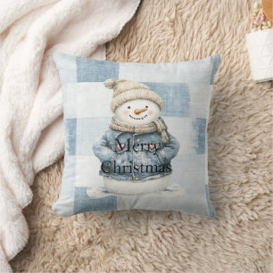 Faux Blue Denim Snowman Christmas Throw Pillow