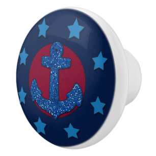 Faux Blue Glitter Anchor Nautical Ceramic Knob