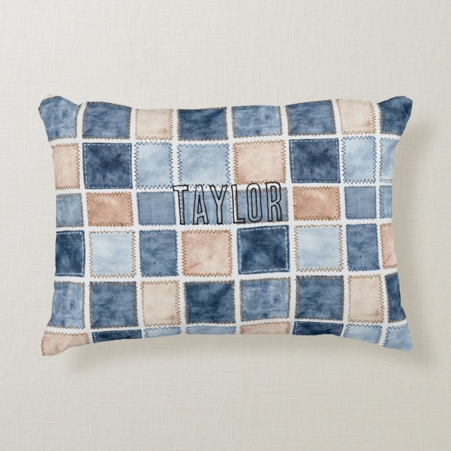 Faux Blue Glitter Cream Denim  Accent Pillow (Front)