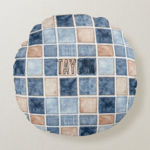 Faux Blue Glitter Cream Denim  Round Pillow