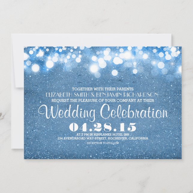 faux blue glitter string lights wedding invitation (Front)