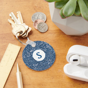 Faux Blue Glitter Texture Look And Custom Monogram Keychain