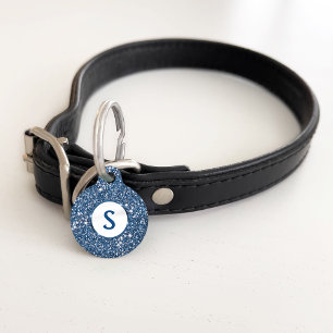 Faux Blue Glitter Texture Look And Custom Monogram Pet Tag