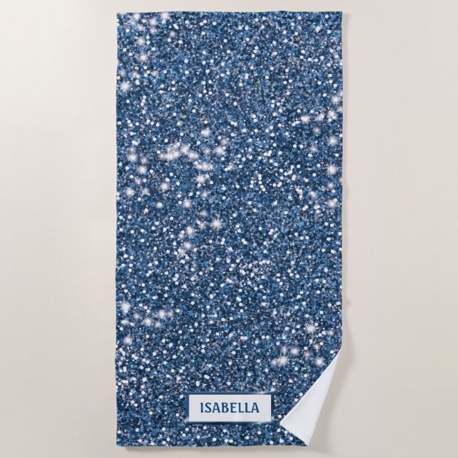 Faux Blue Glitter Texture Look With Custom Name Beach Towel (Front)
