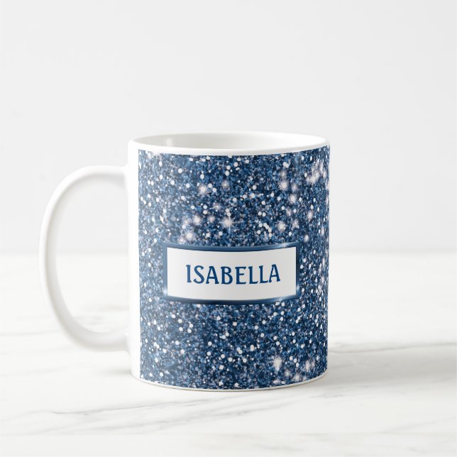 Faux Blue Glitter Texture Look With Custom Name Coffee Mug (Left)