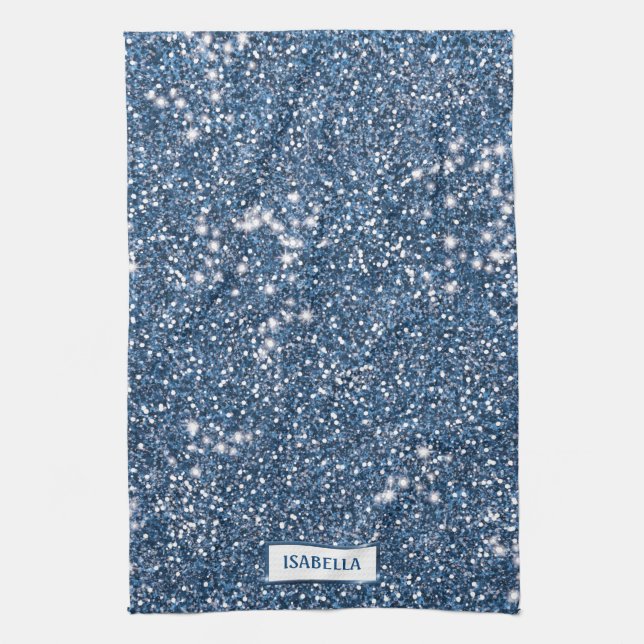 Faux Blue Glitter Texture Look With Custom Name Kitchen Towel (Vertical)