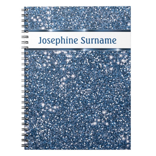 Faux Blue Glitter Texture Look With Custom Name Notebook (Front)