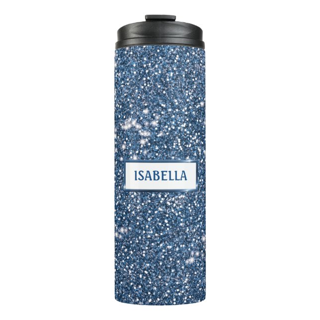 Faux Blue Glitter Texture Look With Custom Name Thermal Tumbler (Front)