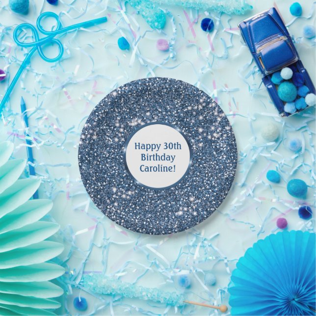Faux Blue Glitter Texture Look With Custom Text Paper Plate (Party)