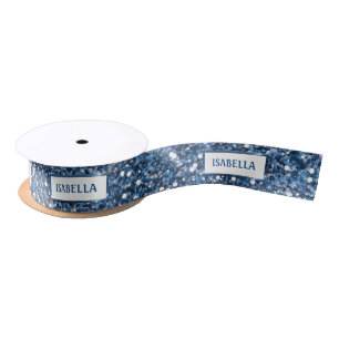 Faux Blue Glitter Texture Look With Custom Text Satin Ribbon