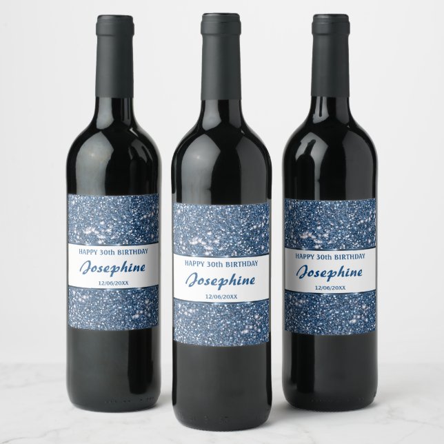 Faux Blue Glitter Texture Look With Custom Text Wine Label (Bottles)